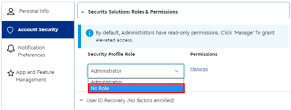 mage of MyAccount Security Solutions Roles & Permissions section dropdown highlighting No Roll