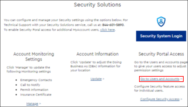 Image of MyAccount Security Solutions page highlighting Go to Users and Accounts link