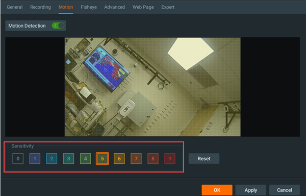 Image of the Camera Settings Motion page highlighting the Sensitivity section