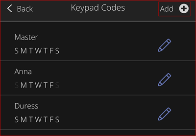 Image of the Keypad Codes highlighting the Add link