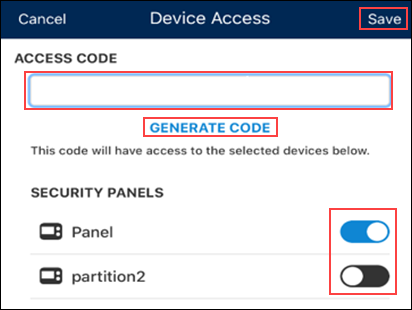 Image of CBSS App Device Access screen, highlighting Access Code, Generate Code, Security Panel switches, and Save