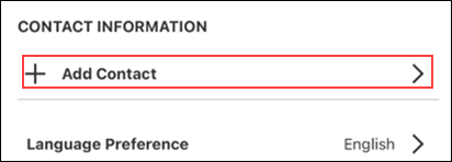 Image of CBSS App User Contact Information section on the Profile screen, highlighting Add Contact