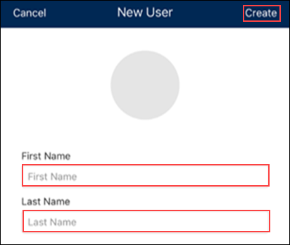 Image of CBSS App New User screen, highlighting First Name, Last Name, and Create