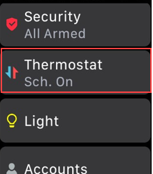 Image of CBSS Apple Watch App main screen, highlighting Thermostat