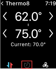Image of CBSS Apple Watch App Thermostat screen, highlighting the clock icon