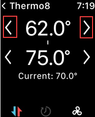 Image of CBSS Apple Watch App Thermostat screen, highlighting right and left arrow for the low tempurature