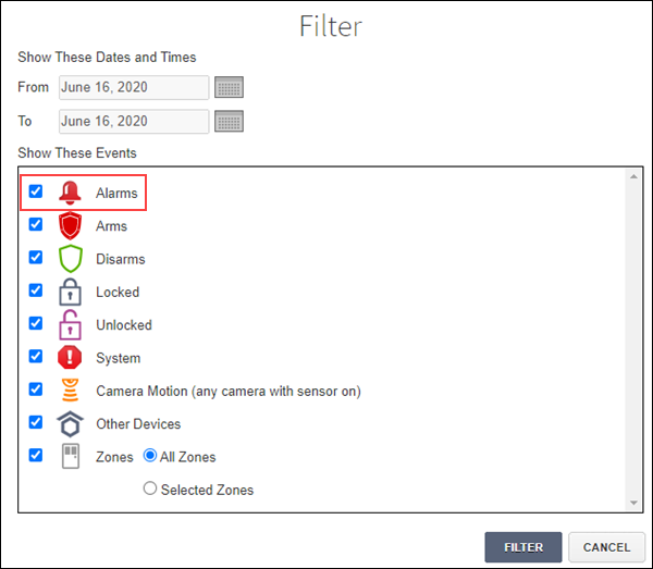 Image of History Calendar Filter options
