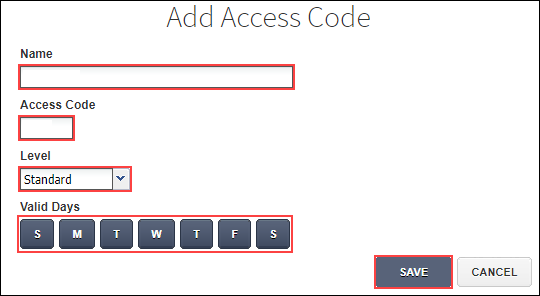 Image of Add Access Code Window