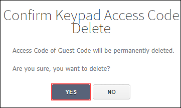 Image of Confirm Keypad Access Code Delete Window