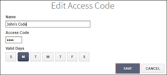 Image of Edit Access Code Window