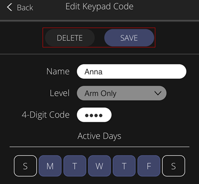 Image of the Edit Keypad Code screen, highlighting the Delete and Save buttons