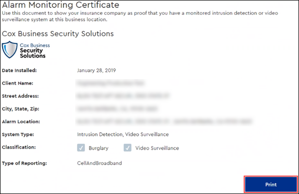 Image of MyAccount Alarm Monitoring Certificate page, highlighting Print