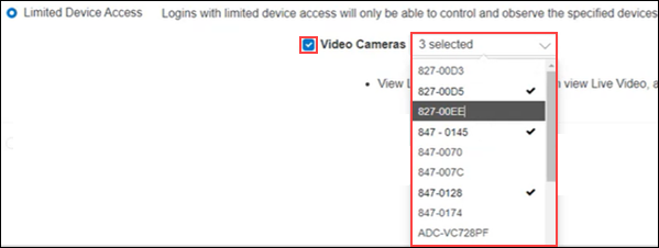 Image of the MyAccount Manage Logins page, highlighting Limited Device Access Video Cameras options