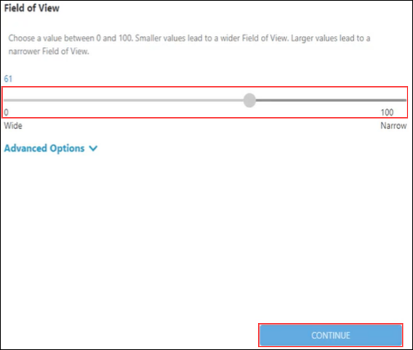 Image of the MyAccount CBSS Video Settings Field of View section highlighting the slider and Continue