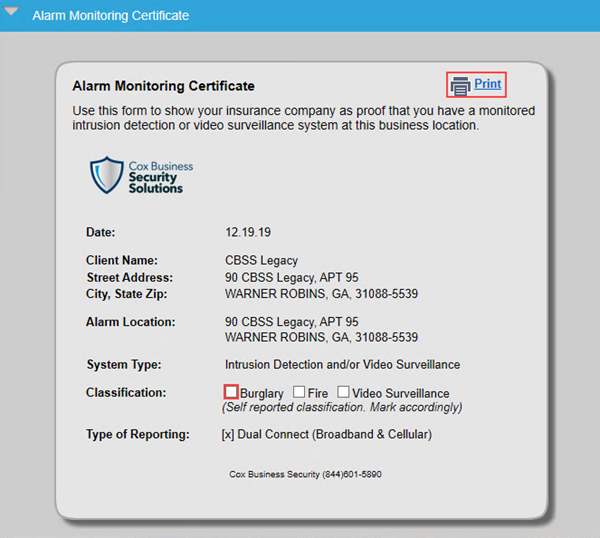 Image of the Alarm Monitoring Certificate