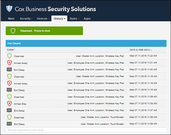 Image of Security Solutions Detection web portal Arms/Disarms report