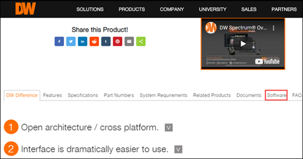 Image of DW Spectrum site highlighting the Software tab