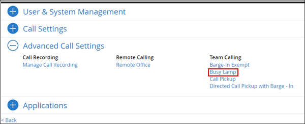Image of MyAccount Advanced Call Settings highlighting the Busy Lamp link