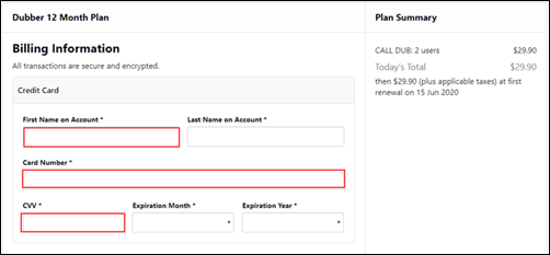 Image of Dubber Connect Billing Information 