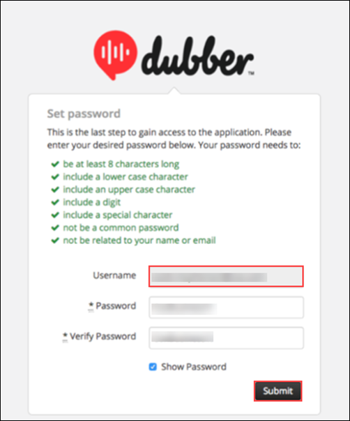 Image of Dubber Connect Create Password page