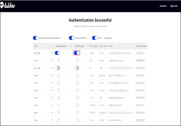 Image of Dubber login toggled On