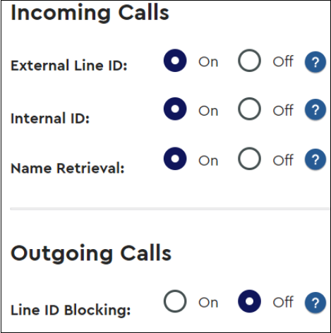 Image of MyAccount Incoming Calls radio buttons