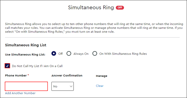 image of adding phone numbers to sim ring feature in myaccount