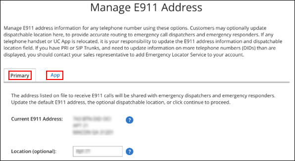image of the manage e911 address page in myaccount
