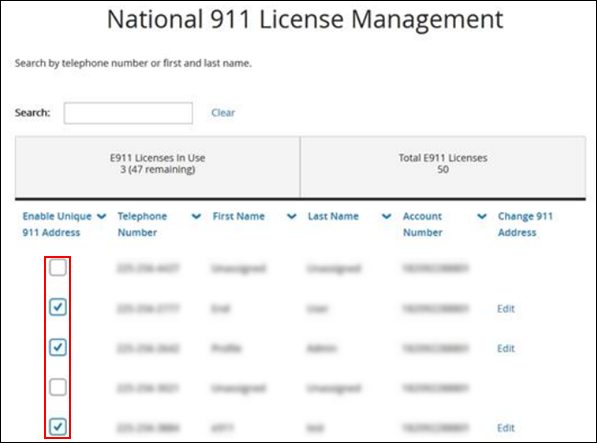 image of the national 911 license management page with checks in boxes