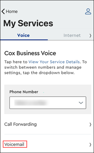 Image of MyAccount Voice tab highlighting the Voicemail link