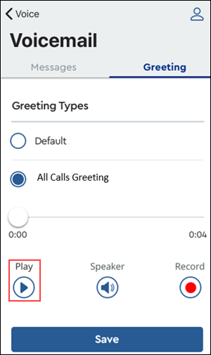 Image of MyAccount Voicemail All Call Greeting highlighting Play