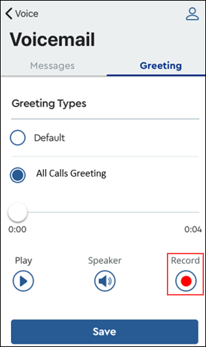 Image of MyAccount Voicemail All Call Greeting highlighting Record