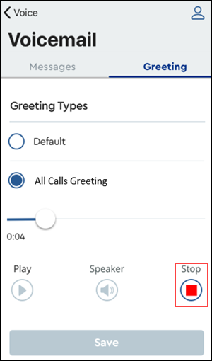 Image of MyAccount Voicemail All Call Greeting highlighting Stop
