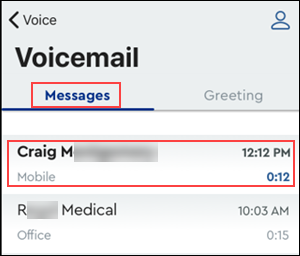 Image of MyAccount Voice mail message tab highlighting a new message