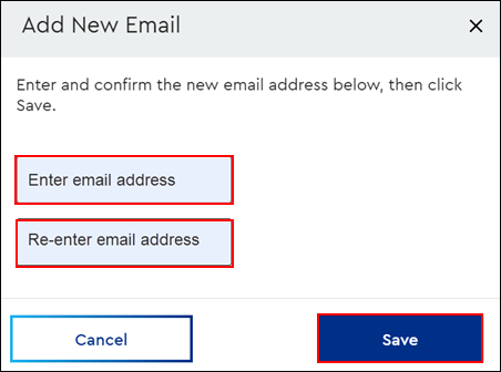 Image of MyAccount Fax to Email Add New Email page highlighting the Enter email address field, Re-enter email address field and the Save button