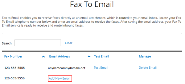 Image of MyAccount Fax to Email section highlighting the Add New Email link