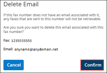 Image of MyAccount Fax to Email Delete Email page highlighting the Confirm button