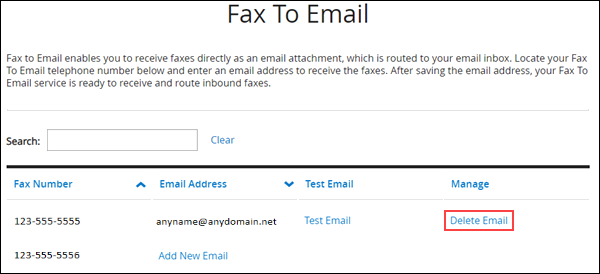Image of MyAccount Fax to Email section highlighting the Delete Email link