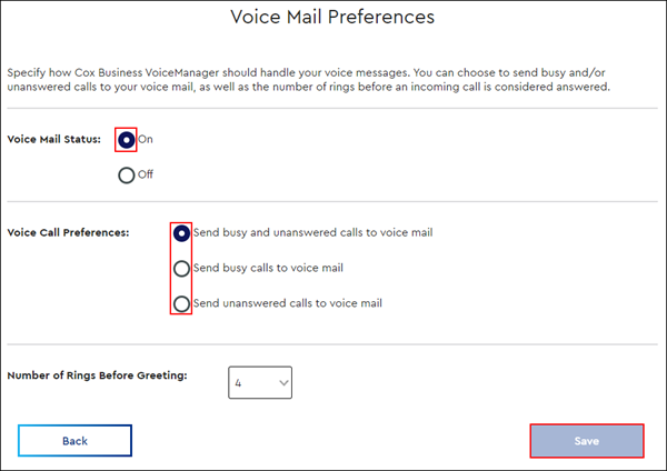 image of the voice mail preferences window