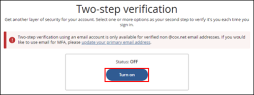 Image of Two-step verification Turn on button