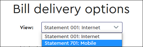 Image of My Account Bill Delivery Options screen highlighting mobile statement