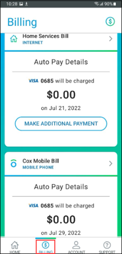image of the Cox app home page highlighiting the Billing link