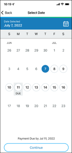 imagen de la pantalla seleccionar fecha de pago de la app Cox