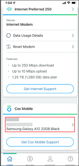 Image of Cox App with Cox Mobile device selected.