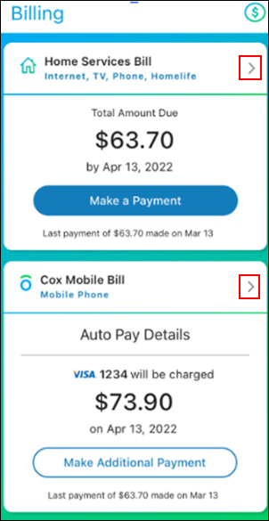 Imagen de la app de Cox Mobile en la pantalla de facturación