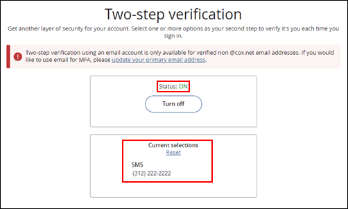 Image of Two-step Verification Status ON