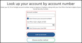Image of the Cox.com My Account Registration Look up your account by account number page