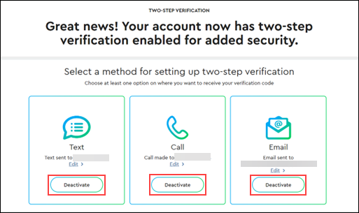 Image of Two-step verification deactivation