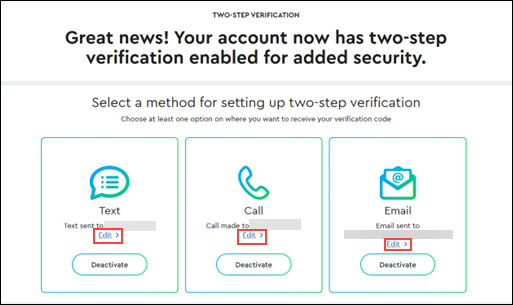 Image of Two-step verification method edit links