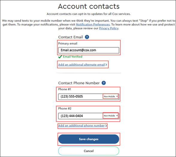 Image of Account contacts page